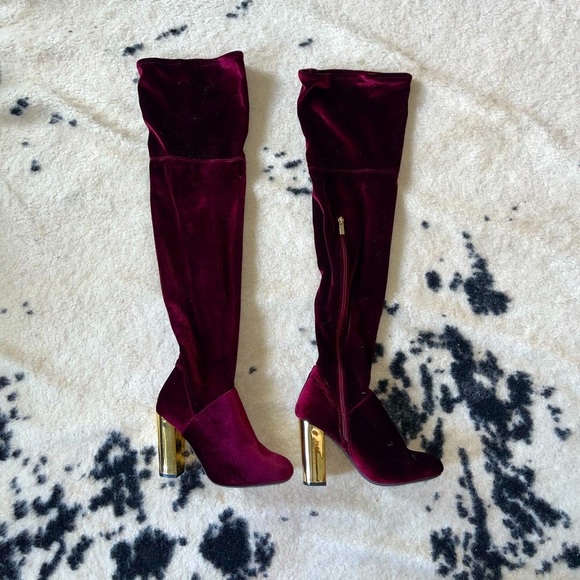 Shoes - Ruby red Crushed velvet thigh high boots with gold heels